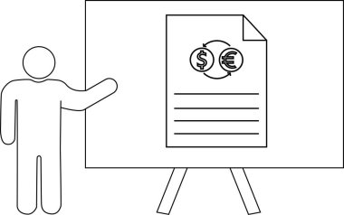 Para birimi sembolleri çizgileri ile tahtada duran kişi