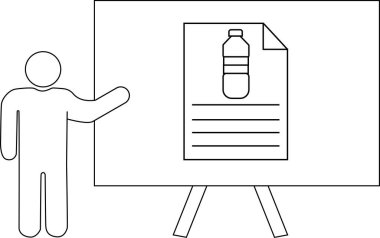 Beyaz tahta tezgahta üzerinde şişe illüstrasyonu olan bir belge sunan kişi.