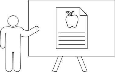 Özetlenmiş figür, elma resimli bir tahta sunar.