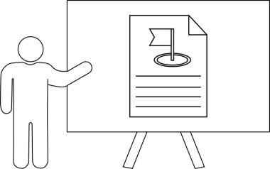 Bir sunum tahtasında hedef temalı bir belgeye doğru hareket eden kişi