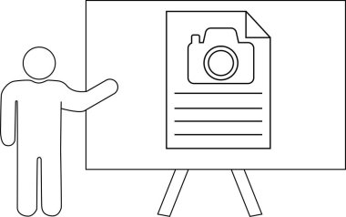 Bir oturum tarafından desteklenen bir tahtada kamera simgesi olan bir belgeyi sunan kişinin çizgi çizimi