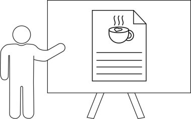 Bir standın üzerinde kahve fincanı simgesi olan bir tablo sunan kişinin çizimi