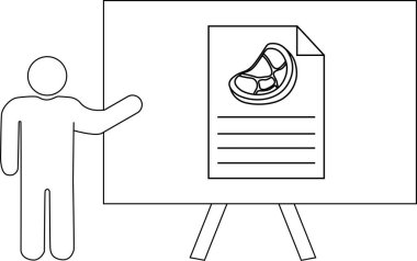 Bir stantta gösterilen et belgesine işaret eden bir kişinin çizgi çizimi