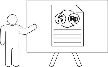 Satır sanatı, bir standda dolar-rupiah döviz çizelgesi sunan bir figür tasvir eder.