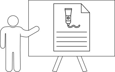 Figür, sehpada tüp çizgileri olan bir poster sunar.