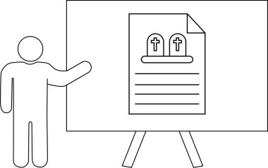 Taslak, bir tahtayı mezar taşı çizimleri ve metinlerle sunan kişiyi tasvir eder