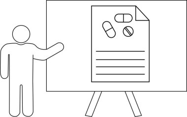 Bir illüstrasyon bir sunucunun üç hap ve mesajı gösteren bir grafiğin yanında durduğunu gösteriyor.