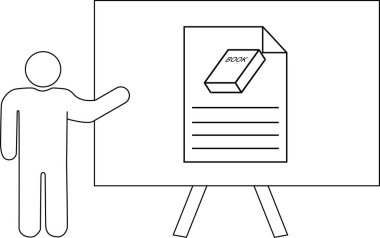 Bir beyaz tahta üzerinde bir kitap bulunan bir belgeyi bir kişinin yanında gösterir