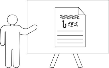 Çubuk adam balık kancası dalgaları ve çizgileri olan bir tabela sunar.