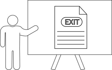 EXIT sözcüğünün yer aldığı bir belgeyi gösteren bir çubuk figürü beyaz tahtanın yanında duruyor