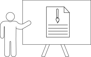 Boya fırçası ve çizgilerinin olduğu bir sunum tahtasının yanında duran bir çöp adam.