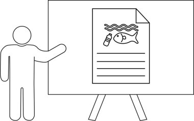 Çubuk bir figür balık şişesi ve su dalgalarının çizimlerini içeren bir tablo sunar.