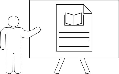 Bir çöp adam, bir stand tarafından desteklenen beyaz tahtada açık bir kitap simgesi ile bir belge sunar