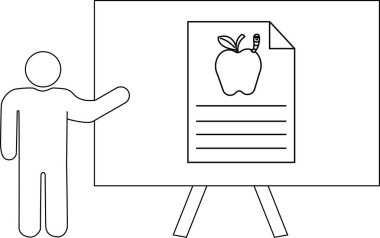 Sunucu, kürsüde solucanlı bir elma çizimine işaret ediyor.