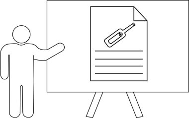 Bir çöp adam sunum tahtasına doğru hareket eder ve bir tripod standı tarafından desteklenen bir şişe resmi ve metin satırlarını gösterir