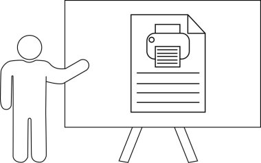 Bir kişi beyaz tahtaya resim sehpasında bir yazıcı belgesi sunar