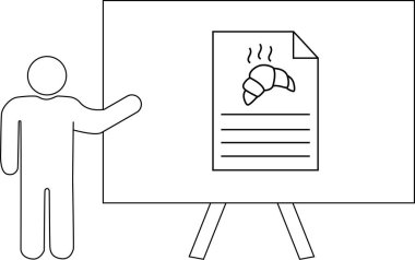 Bir kişi kruvasan illüstrasyon ve metin içeren bir belgeyi gösteren bir beyaz tahtaya işaret ediyor