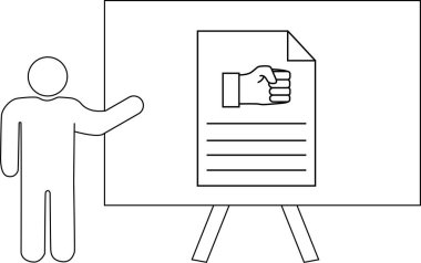 Bir kişi, yumruk grafiği ve metin satırlarının yer aldığı bir tabloya işaret ediyor