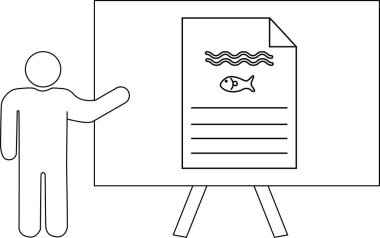 Bir kişi balık ve metin simgeleriyle sunum tahtasına jest yapar