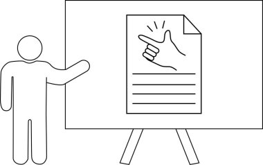 Bir figür, el hareketi ve metin satırlarını gösteren ayakta duran bir işaret sunar