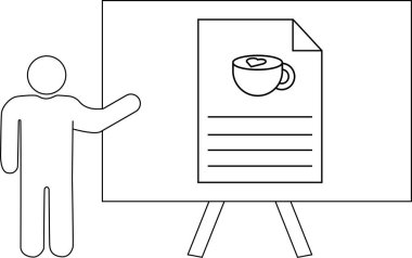 Bir figür, bir kağıt parçasında kahve fincanı gösteren bir sunum tahtasına işaret ediyor.