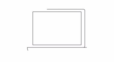 Ekranda dairesel ok sembolü olan bir dizüstü bilgisayarın ana hatları beyaz arkaplana karşı minimalist bir şekilde çizilmiş.