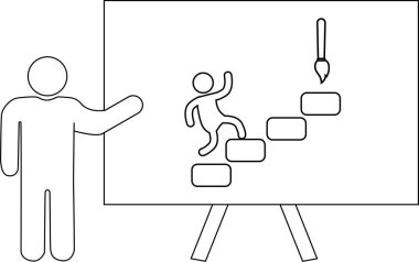 Çubuk figür beyaz tahtayı bir çubuk insanla sunuyor boya fırçasına doğru tırmanan bir kişi