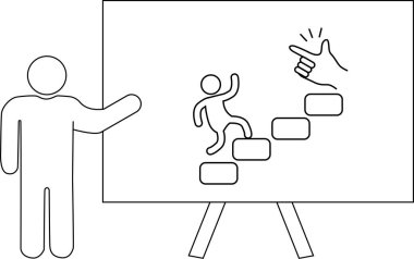 Tahtadaki çubuk figürü sunumu başarıyı adımlar ve cesaret verici hareketlerle betimler