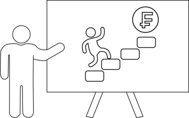 Sunucu adam basamaklarda para birimi sembolünü açıklıyor