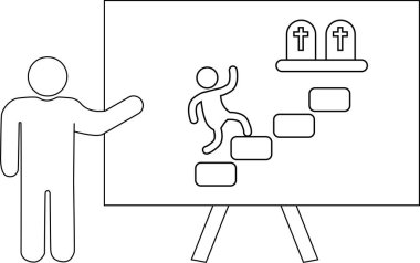 Çizgi filmde, başka bir çöp adamın sunduğu bir tahtanın üzerinde mezar taşlarına ulaşmak için merdivenlerden çıkan bir figür tasvir ediliyor.