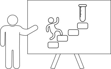 Çubuk bir figür test tüpüne tırmanan bir çubuk figürle beyaz tahtanın yanında duruyor.