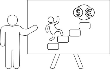 Çubuk figür, bir kişi tarafından sunulan beyaz tahtada gösterilen para birimi sembollerine doğru adımlar atar