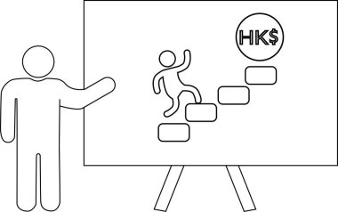 Bir çizgi çizimi, bir sehpanın yanındaki sunucuyu bir Hong Kong sembolüne doğru tırmanan figürleri gösterirken gösteriyor.