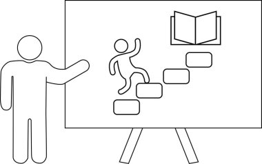 Bir figür, açık bir kitaba doğru yükselen bir kişinin beyaz tahta çizimini sunar.