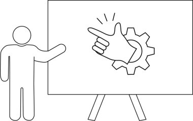 Sunum panosundaki küçük simgeye bakan adam