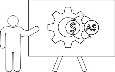 Bir dişli para birimi sembolü ve A ile okları değiş tokuş eden bir beyaz tahta diyagramı sunan figür