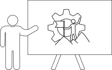 Çubuk bir figür, dişli dağlarının beyaz tahta çizimini ve tepeye bayrak dikmiş birini sunar.