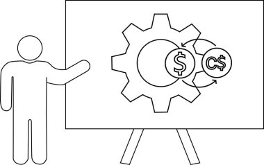 Bir kişi çark ve dolar para birimi sembolleriyle beyaz tahtaya el kol hareketi yapar.