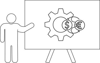 Bir figür, bir dişli dolar ve oklu avro sembolleriyle sunum tahtasına doğru hareket ediyor