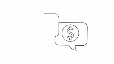 İki ana hatlı sohbet baloncuğu, beyaz arka planda üst üste binen bir para çantası ve dolar para gösteriyor.