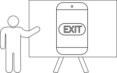 Çubuk figür, EXIT 'i bir tripodun desteklediği ses benzeri bir nesnede gösteren bir beyaz tahtanın yanında duruyor