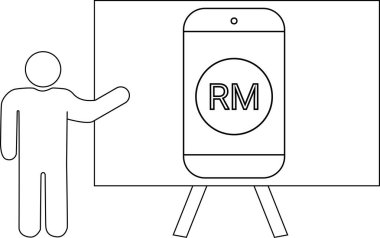 Çubuk şekli bir daire içinde RM harflerini gösteren bir ekran sunar