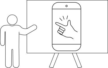 Düz bir arkaplanda el hareketi gösteren bir telefon sunan çöp adam.