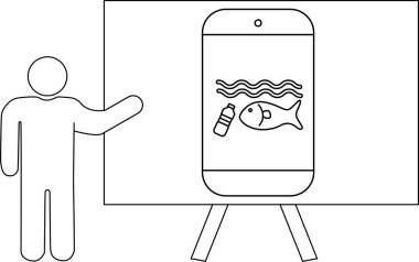 Çubuk şekilli bir tahta, dalgaların altında balık ve şişe olan bir telefonu gösteriyor.