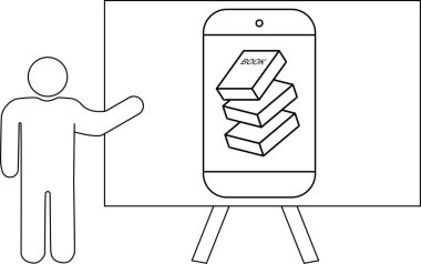 Çubuk figürü ekranı işaret ediyor. Bir telefon hattı içerisindeki istiflenmiş kitaplarla.