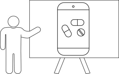 Çubuk figürü ayakta hap simgeleri olan bir ekrana işaret ediyor