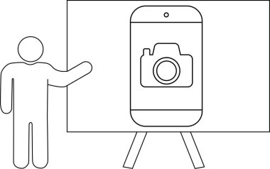 Bir sunucu figürüyle birlikte beyaz tahtada bir akıllı telefon kamera simgesi sunumu