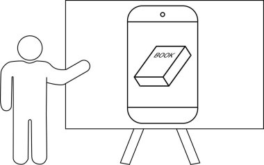 Kitap gösteren bir telefon panosu sunan kişi.