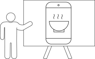 Çizgi çizimi, kürsüye monte edilmiş bir telefon ekranında dumanı tüten bir kasenin diyagramını sunan birini gösteriyor.