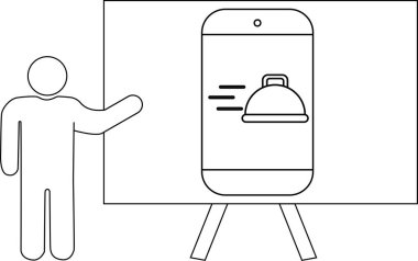 Üç ayaklı ekranda yemek simgesi olan bir telefona doğru hareket eden kişinin çizimi